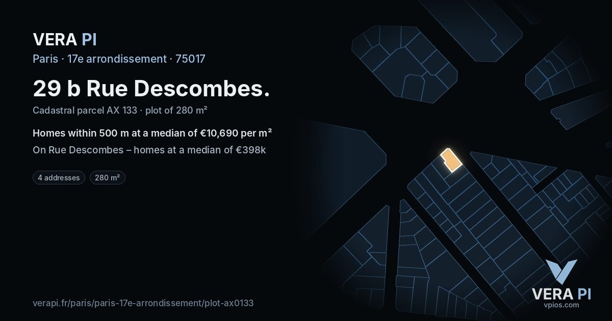 29 b Rue Descombes, 17e arrondissement at night – the plot lit, the parcels around coloured by the prices near them