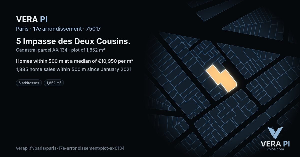 5 Impasse des Deux Cousins, 17e arrondissement at night – the plot lit, the parcels around coloured by the prices near them