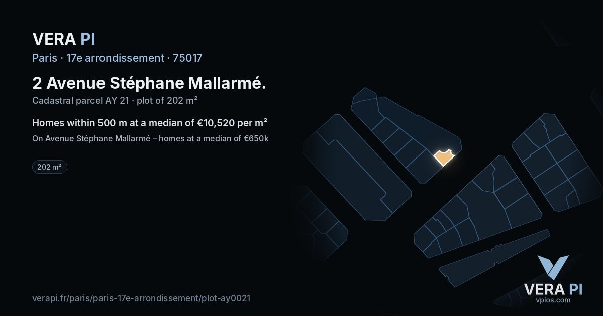 2 Avenue Stéphane Mallarmé, 17e arrondissement at night – the plot lit, the parcels around coloured by the prices near them