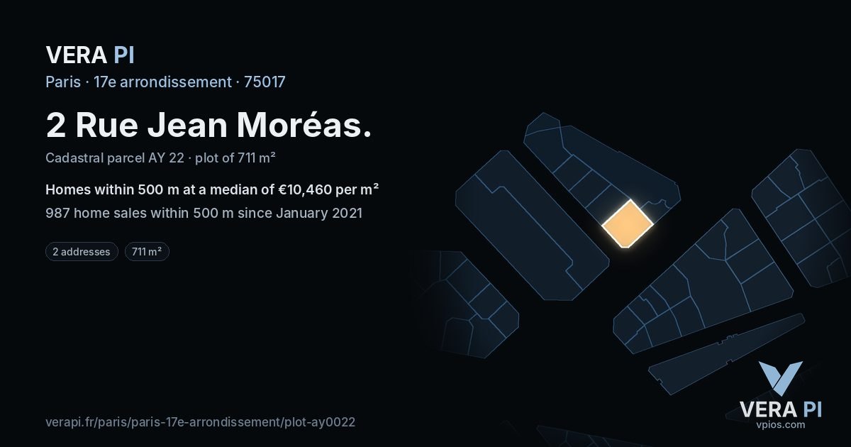 2 Rue Jean Moréas, 17e arrondissement at night – the plot lit, the parcels around coloured by the prices near them