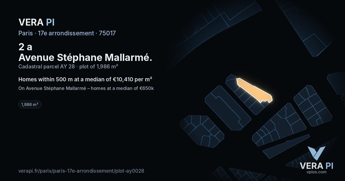 2 a Avenue Stéphane Mallarmé, 17e arrondissement at night – the plot lit, the parcels around coloured by the prices near them