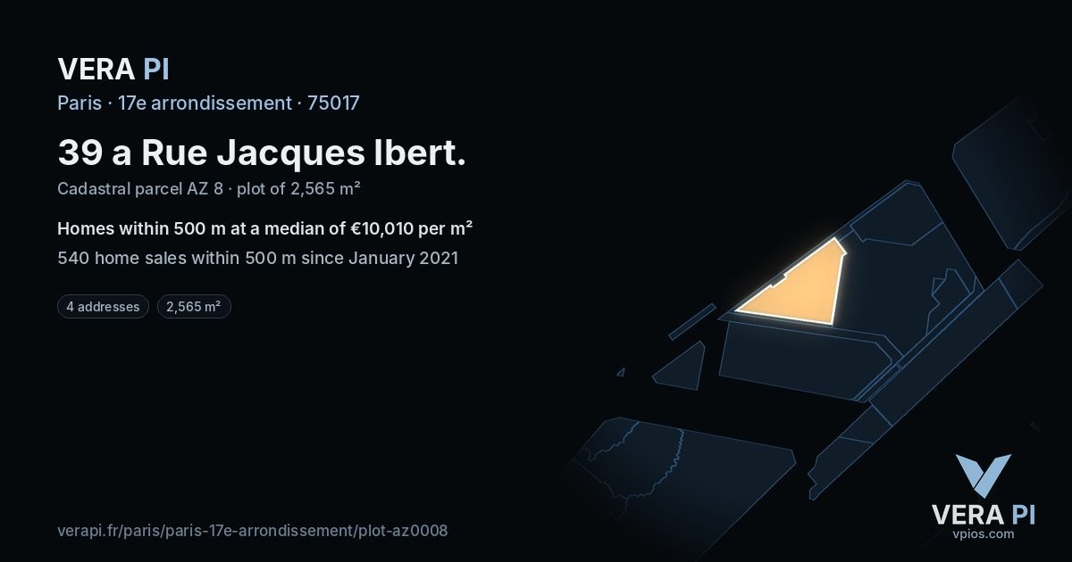 39 a Rue Jacques Ibert, 17e arrondissement at night – the plot lit, the parcels around coloured by the prices near them