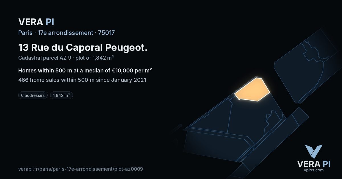13 Rue du Caporal Peugeot, 17e arrondissement at night – the plot lit, the parcels around coloured by the prices near them