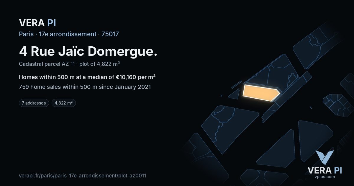 4 Rue Jaïc Domergue, 17e arrondissement at night – the plot lit, the parcels around coloured by the prices near them