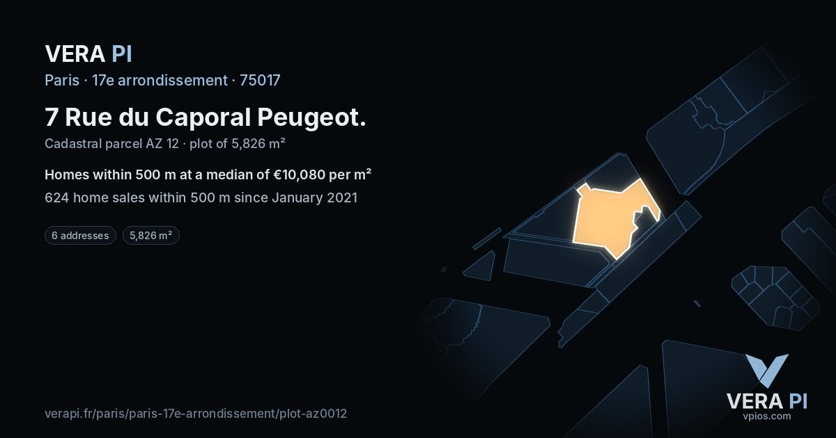 7 Rue du Caporal Peugeot, 17e arrondissement at night – the plot lit, the parcels around coloured by the prices near them