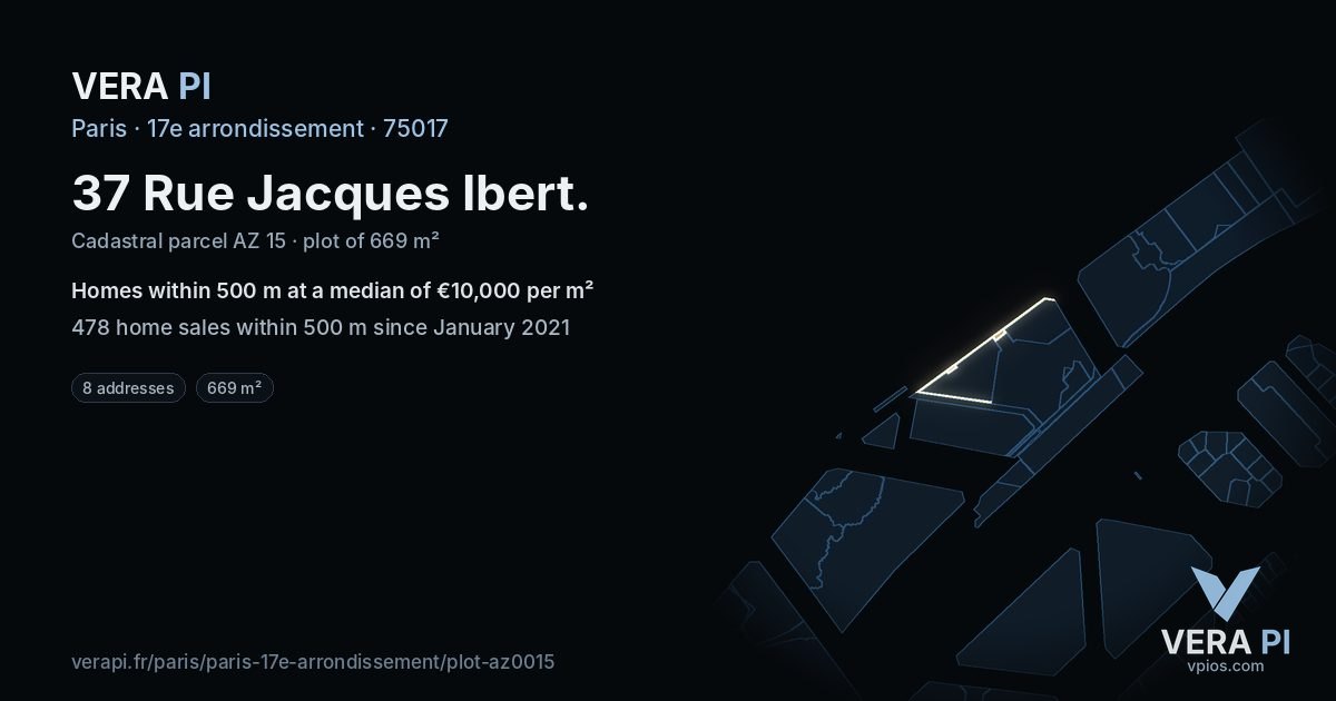 37 Rue Jacques Ibert, 17e arrondissement at night – the plot lit, the parcels around coloured by the prices near them
