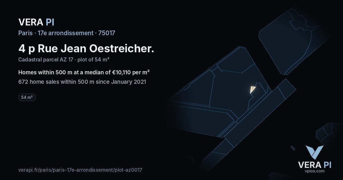 4 p Rue Jean Oestreicher, 17e arrondissement at night – the plot lit, the parcels around coloured by the prices near them