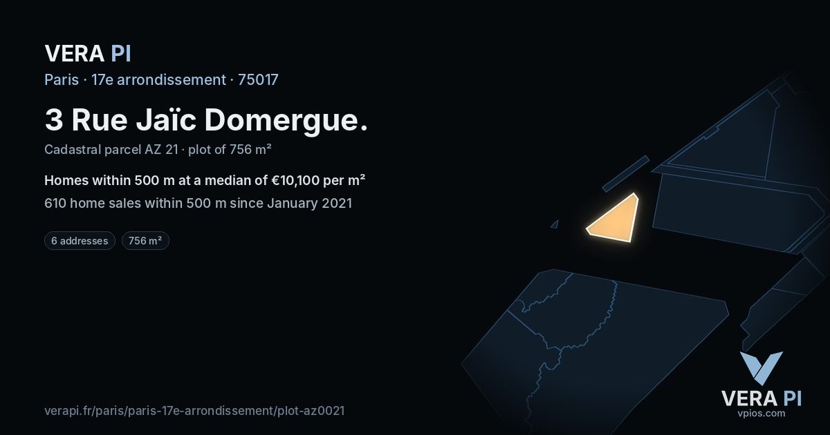 3 Rue Jaïc Domergue, 17e arrondissement at night – the plot lit, the parcels around coloured by the prices near them