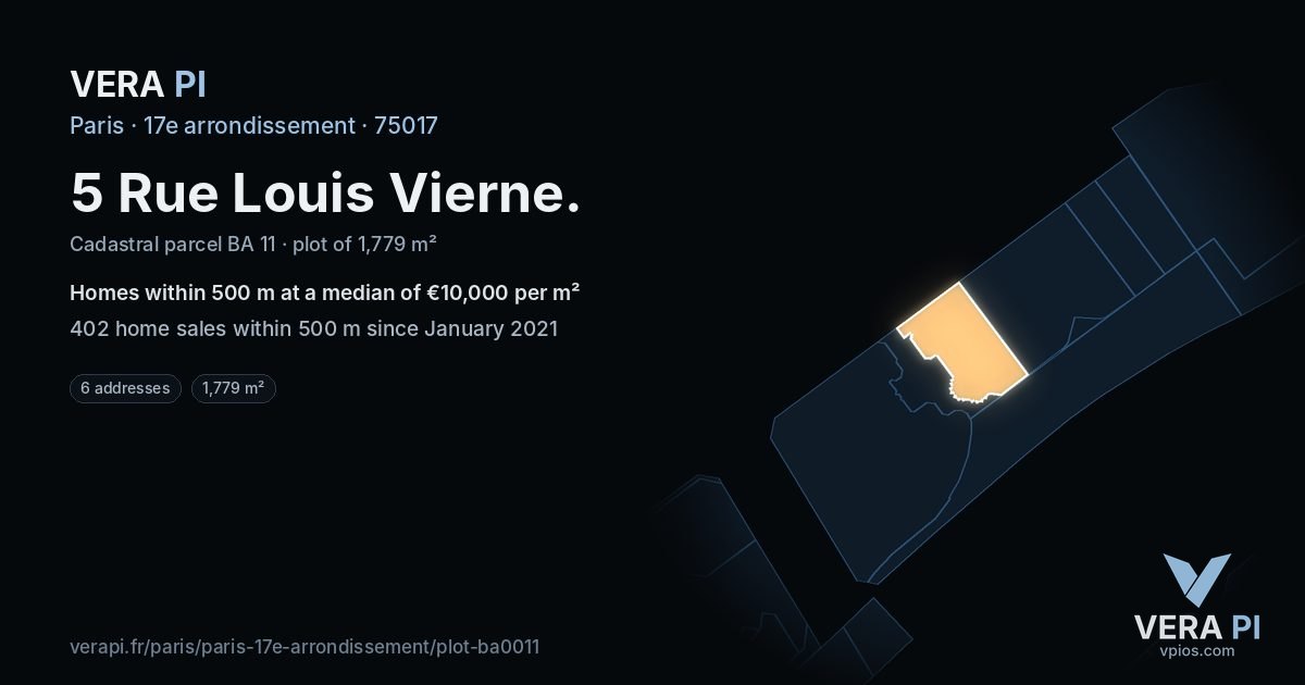 5 Rue Louis Vierne, 17e arrondissement at night – the plot lit, the parcels around coloured by the prices near them