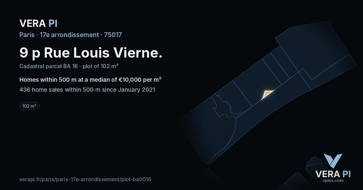9 p Rue Louis Vierne, 17e arrondissement at night – the plot lit, the parcels around coloured by the prices near them