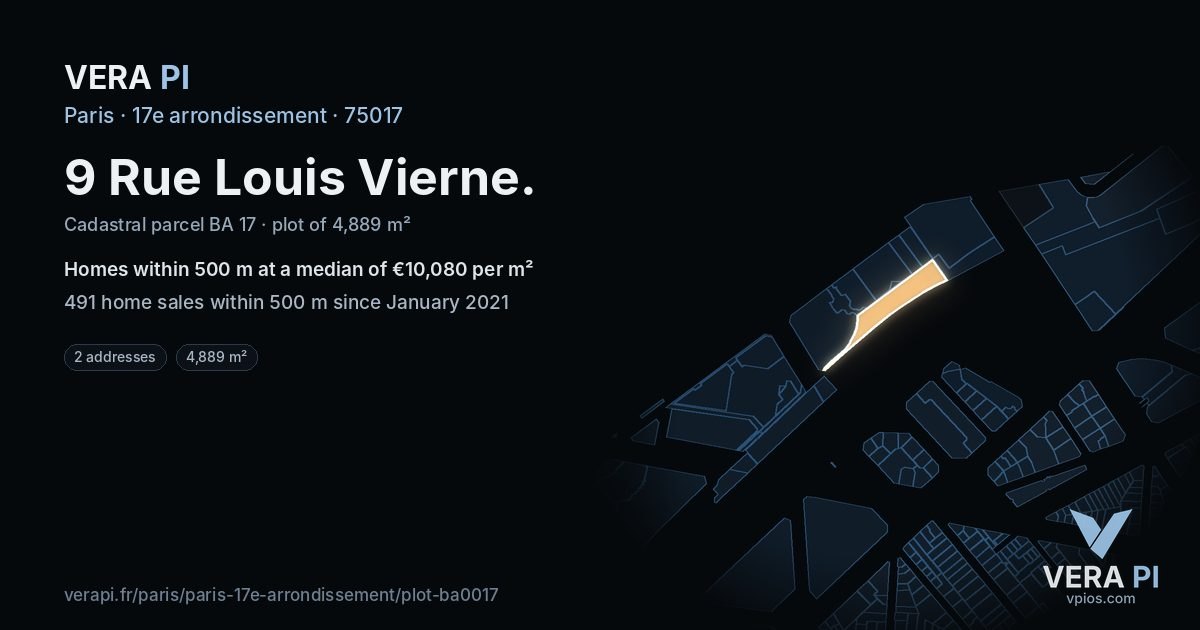 9 Rue Louis Vierne, 17e arrondissement at night – the plot lit, the parcels around coloured by the prices near them