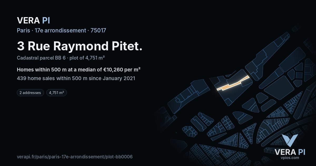 3 Rue Raymond Pitet, 17e arrondissement at night – the plot lit, the parcels around coloured by the prices near them