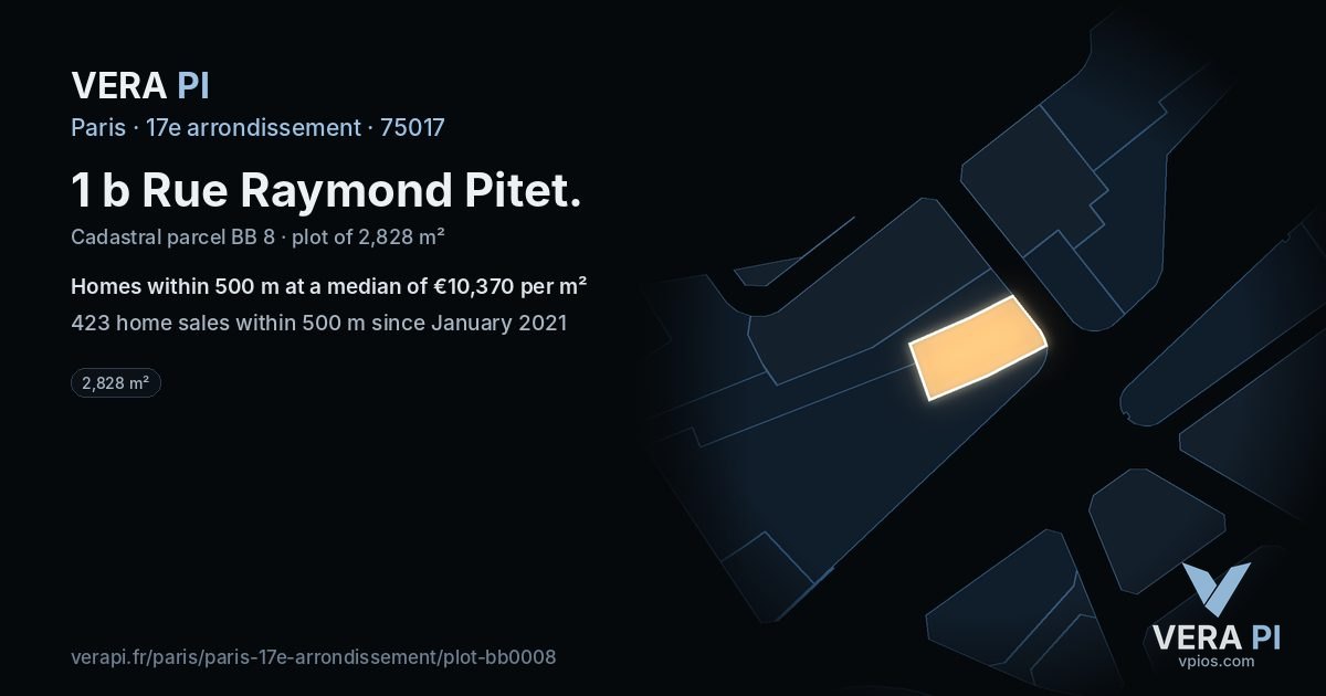 1 b Rue Raymond Pitet, 17e arrondissement at night – the plot lit, the parcels around coloured by the prices near them