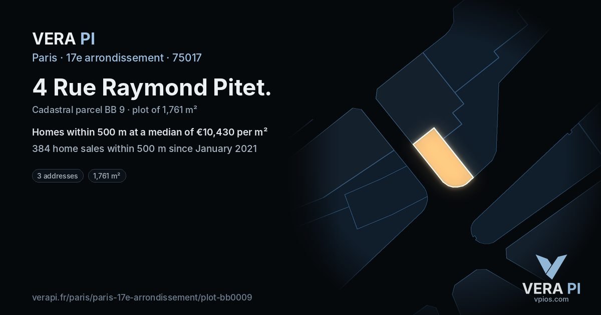 4 Rue Raymond Pitet, 17e arrondissement at night – the plot lit, the parcels around coloured by the prices near them
