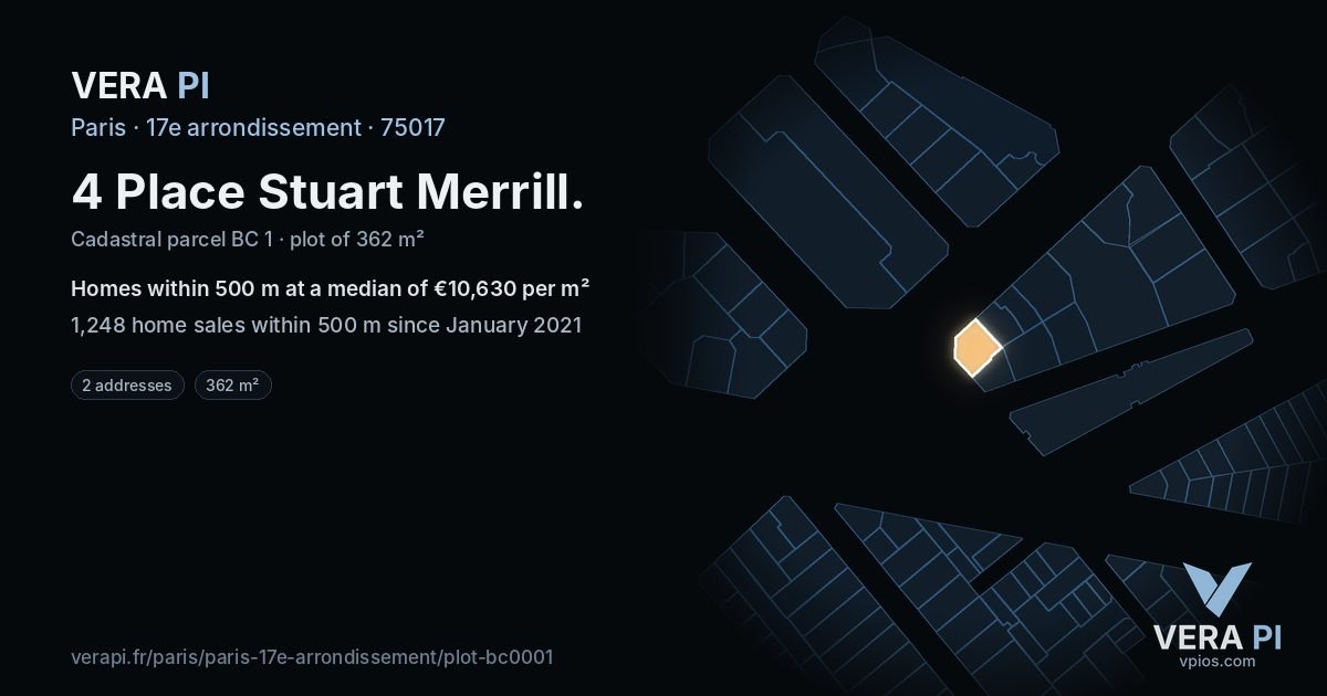 4 Place Stuart Merrill, 17e arrondissement at night – the plot lit, the parcels around coloured by the prices near them