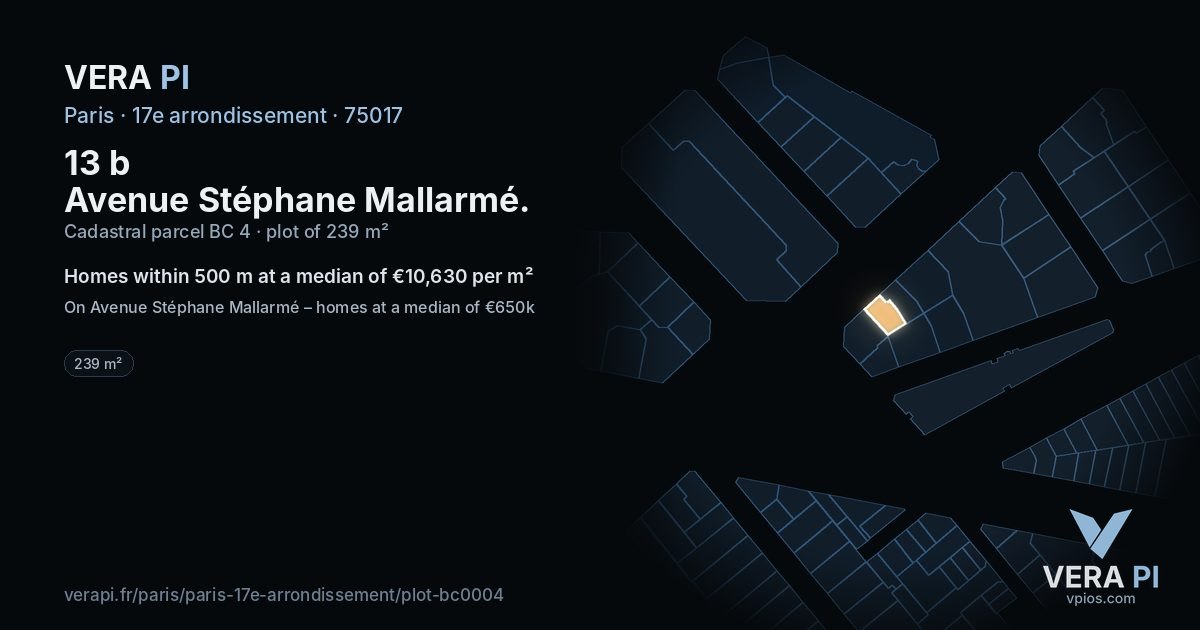 13 b Avenue Stéphane Mallarmé, 17e arrondissement at night – the plot lit, the parcels around coloured by the prices near them