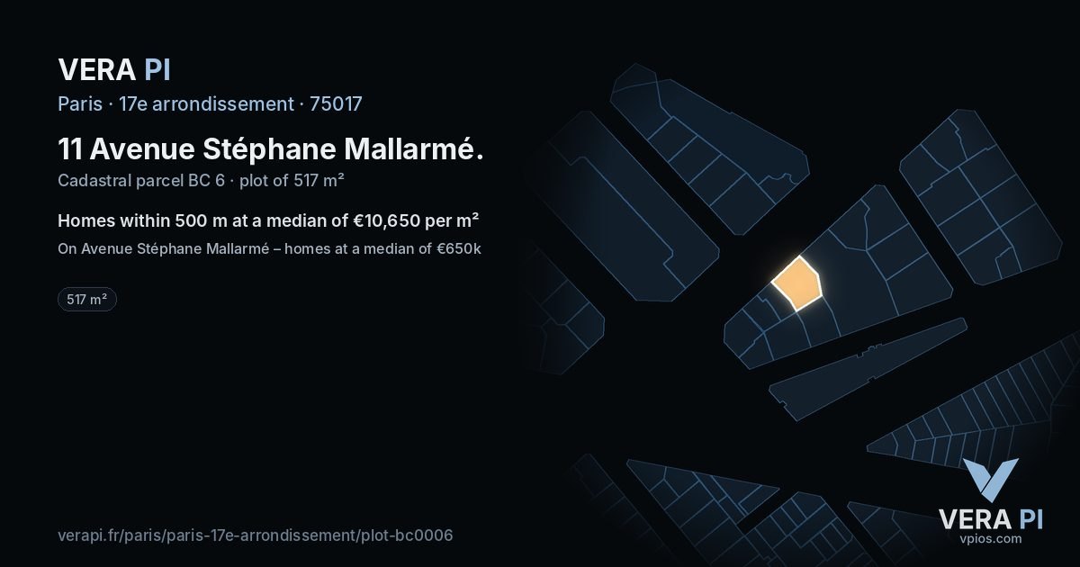 11 Avenue Stéphane Mallarmé, 17e arrondissement at night – the plot lit, the parcels around coloured by the prices near them
