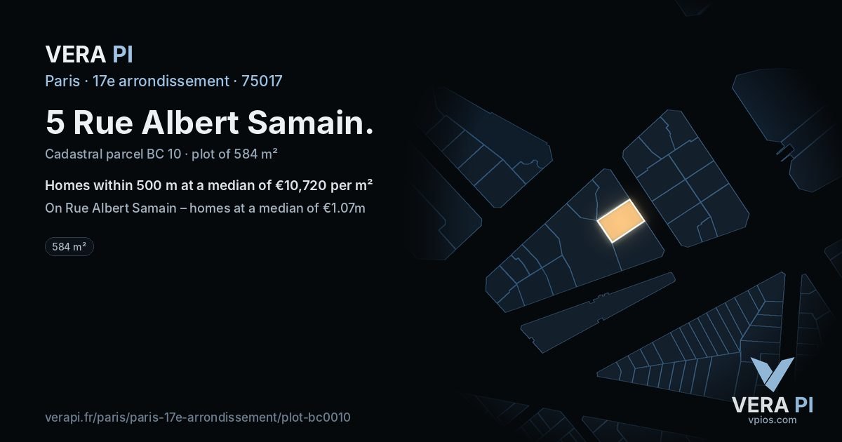 5 Rue Albert Samain, 17e arrondissement at night – the plot lit, the parcels around coloured by the prices near them