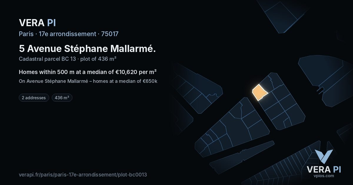 5 Avenue Stéphane Mallarmé, 17e arrondissement at night – the plot lit, the parcels around coloured by the prices near them