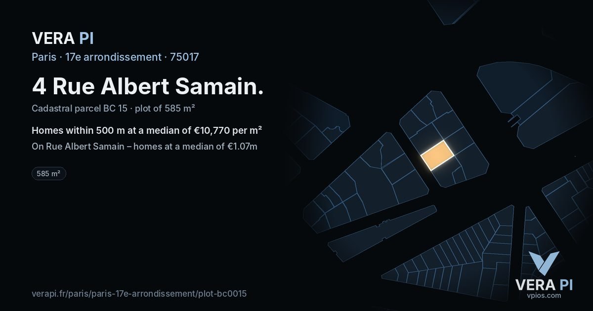 4 Rue Albert Samain, 17e arrondissement at night – the plot lit, the parcels around coloured by the prices near them