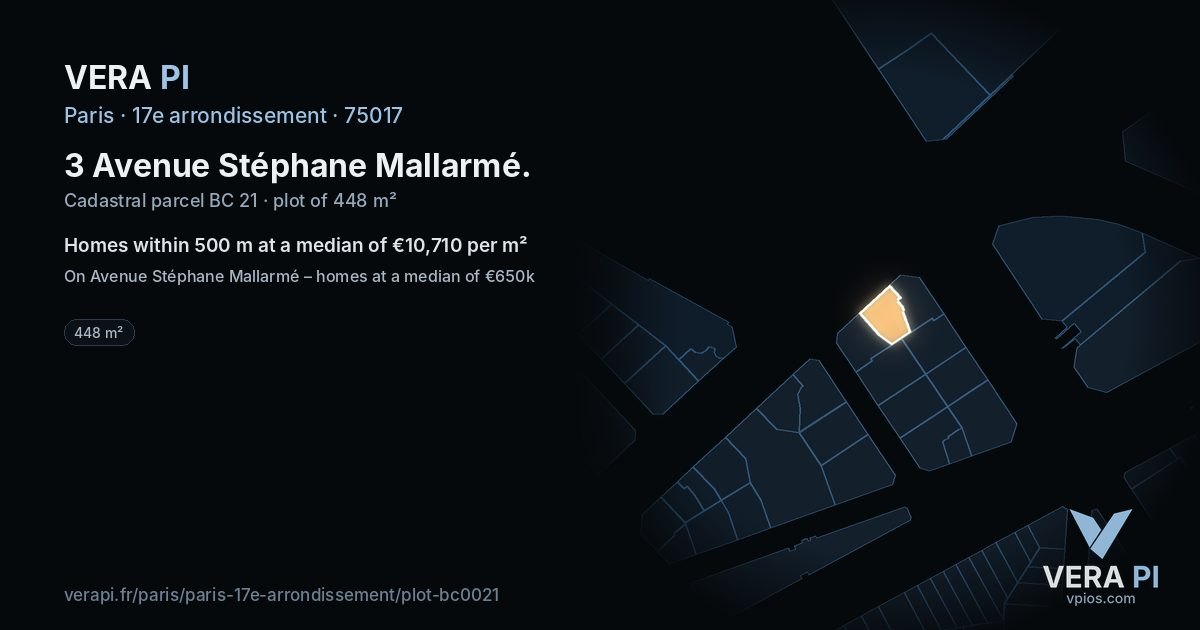 3 Avenue Stéphane Mallarmé, 17e arrondissement at night – the plot lit, the parcels around coloured by the prices near them