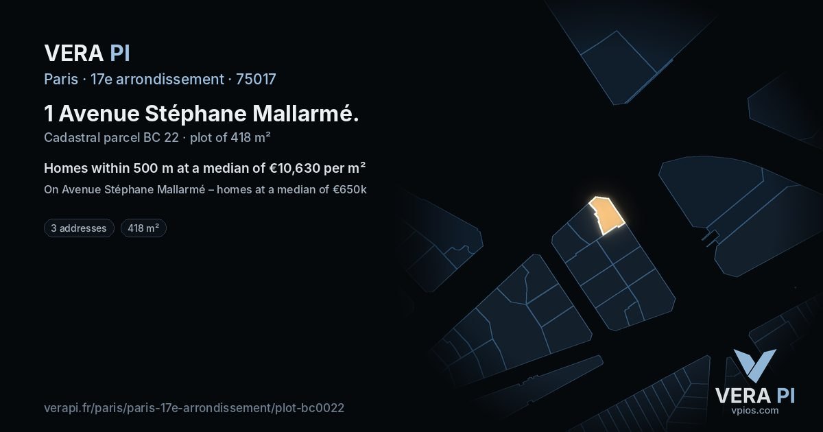 1 Avenue Stéphane Mallarmé, 17e arrondissement at night – the plot lit, the parcels around coloured by the prices near them