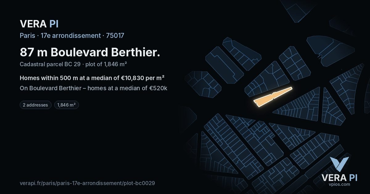 87 m Boulevard Berthier, 17e arrondissement at night – the plot lit, the parcels around coloured by the prices near them