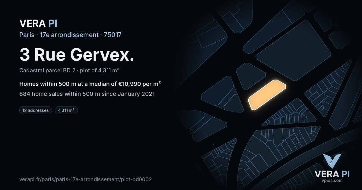 3 Rue Gervex, 17e arrondissement at night – the plot lit, the parcels around coloured by the prices near them