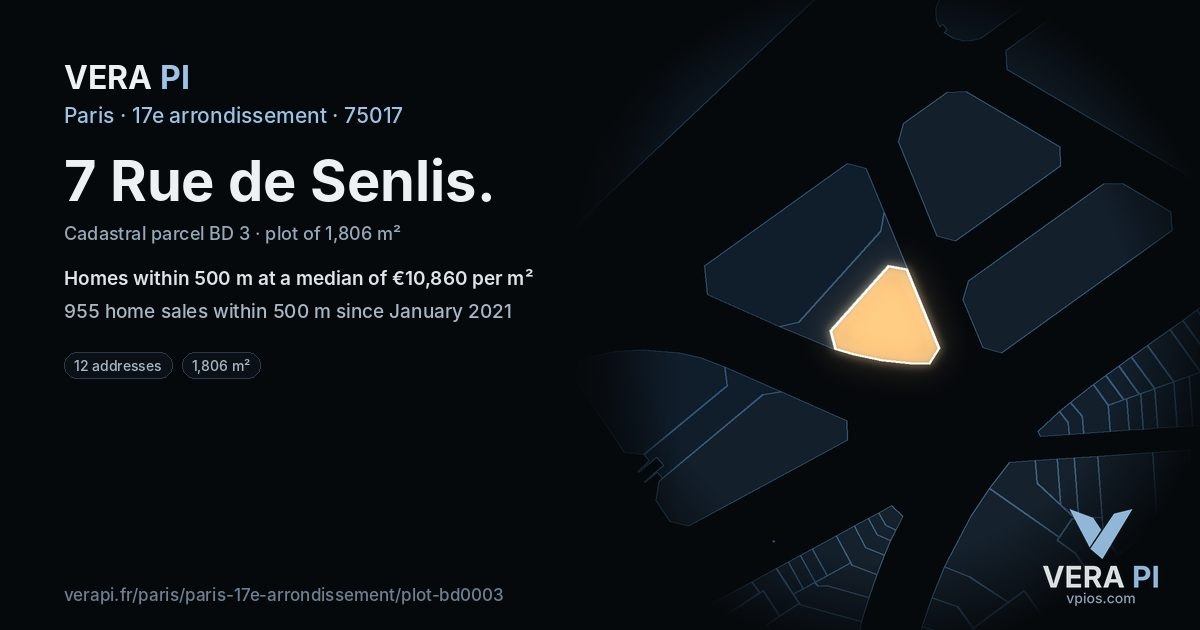 7 Rue de Senlis, 17e arrondissement at night – the plot lit, the parcels around coloured by the prices near them