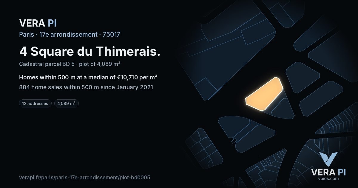 4 Square du Thimerais, 17e arrondissement at night – the plot lit, the parcels around coloured by the prices near them