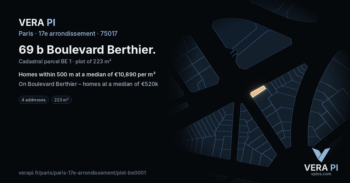 69 b Boulevard Berthier, 17e arrondissement at night – the plot lit, the parcels around coloured by the prices near them