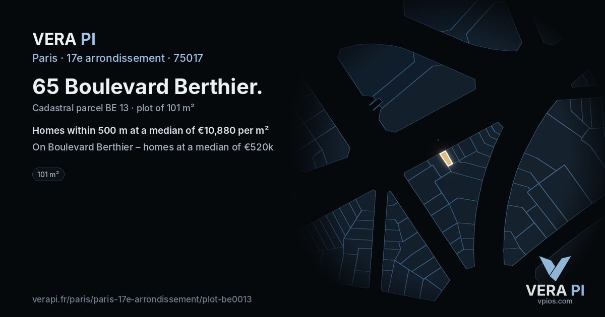 65 Boulevard Berthier, 17e arrondissement at night – the plot lit, the parcels around coloured by the prices near them