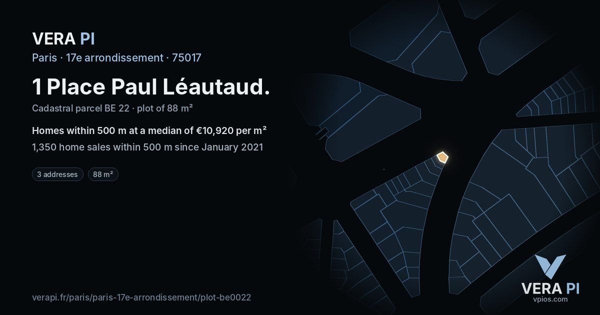 1 Place Paul Léautaud, 17e arrondissement at night – the plot lit, the parcels around coloured by the prices near them