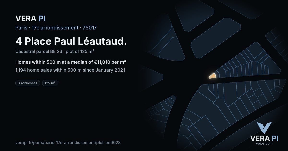 4 Place Paul Léautaud, 17e arrondissement at night – the plot lit, the parcels around coloured by the prices near them