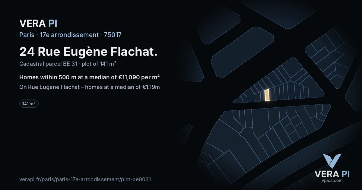 24 Rue Eugène Flachat, 17e arrondissement at night – the plot lit, the parcels around coloured by the prices near them