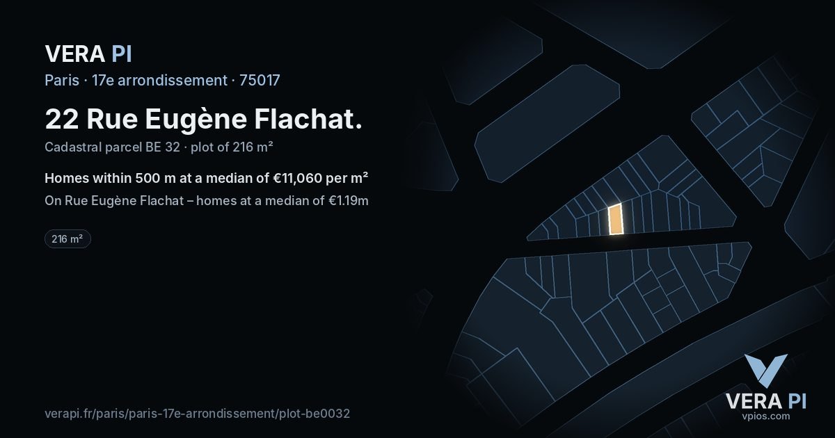 22 Rue Eugène Flachat, 17e arrondissement at night – the plot lit, the parcels around coloured by the prices near them