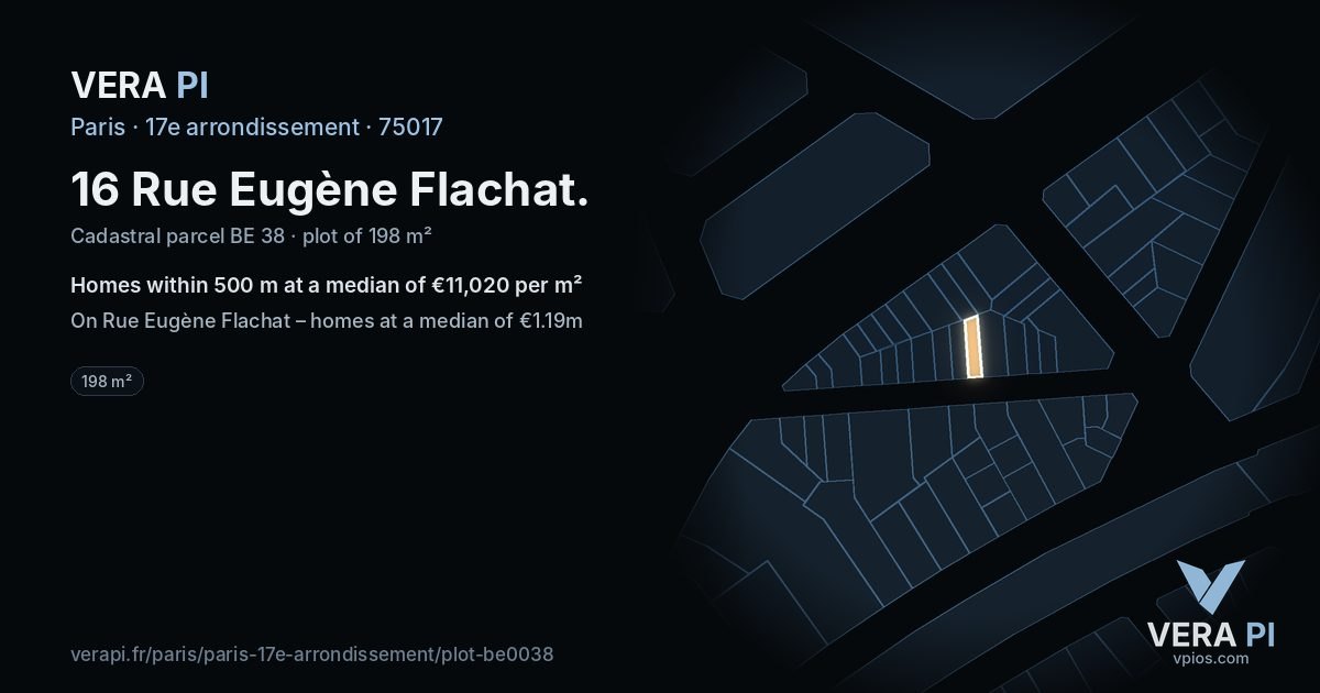 16 Rue Eugène Flachat, 17e arrondissement at night – the plot lit, the parcels around coloured by the prices near them