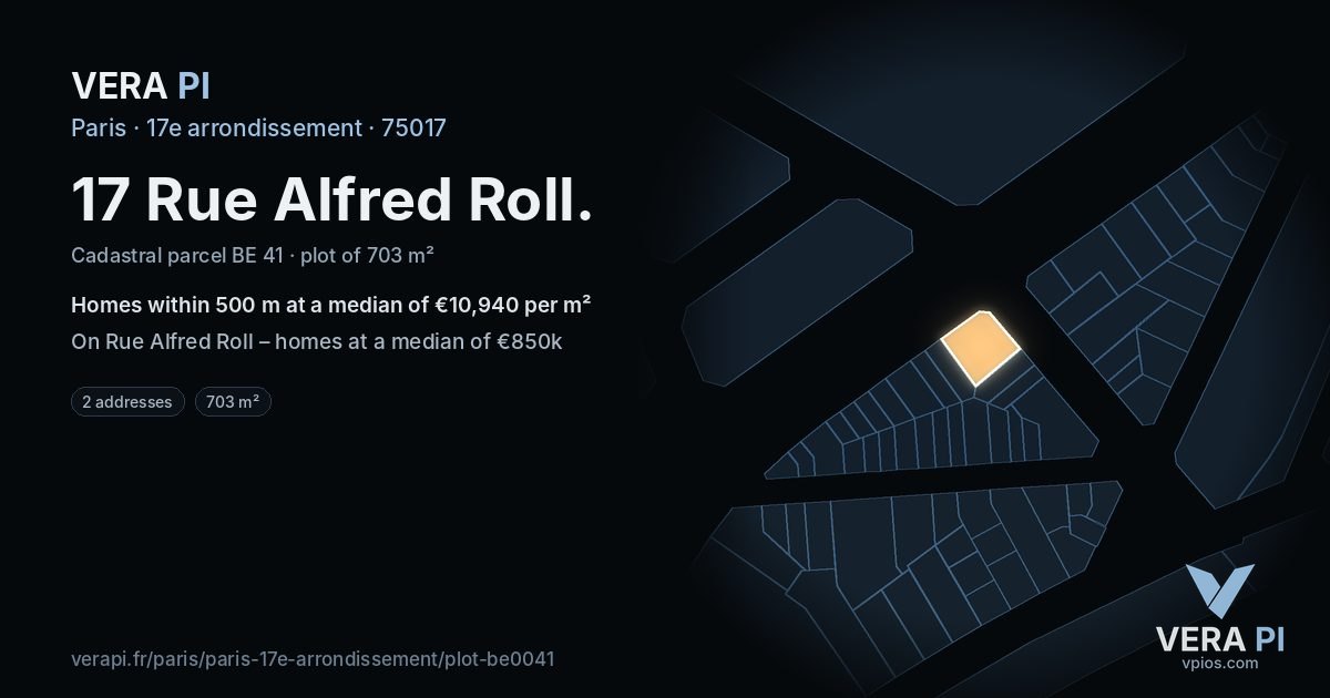 17 Rue Alfred Roll, 17e arrondissement at night – the plot lit, the parcels around coloured by the prices near them