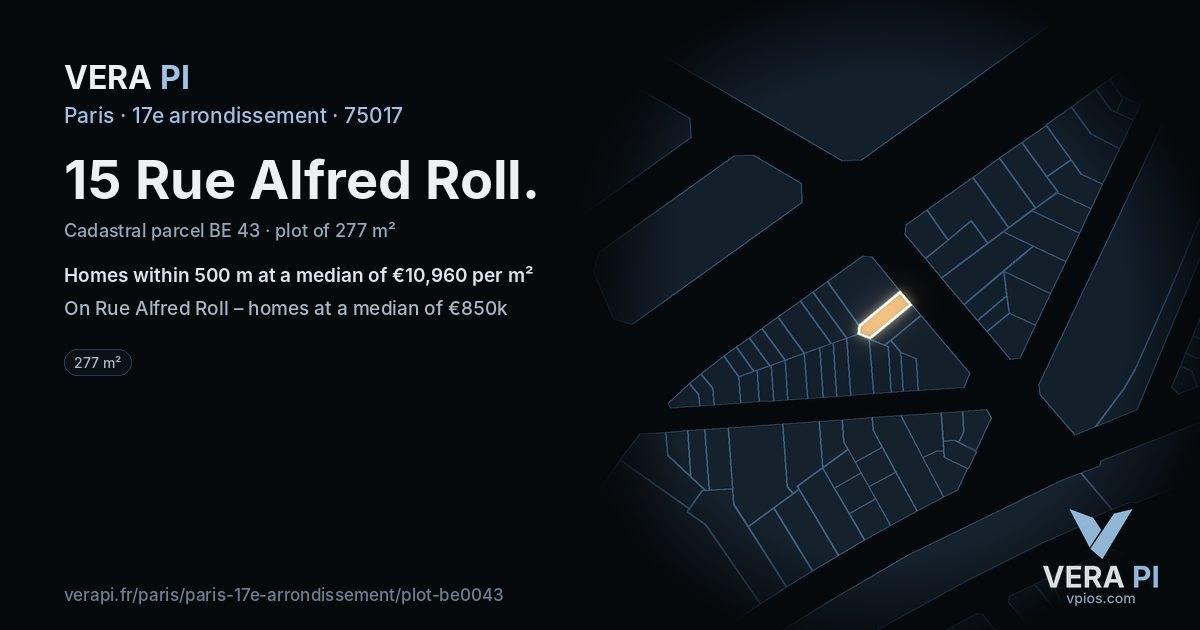 15 Rue Alfred Roll, 17e arrondissement at night – the plot lit, the parcels around coloured by the prices near them