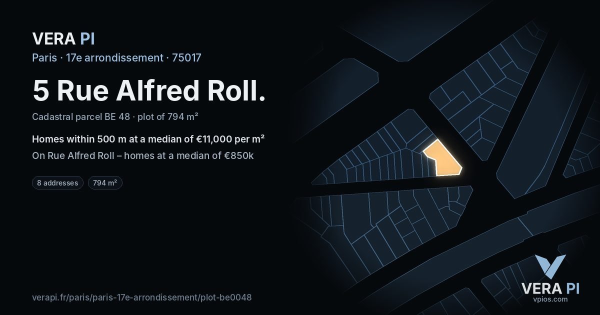 5 Rue Alfred Roll, 17e arrondissement at night – the plot lit, the parcels around coloured by the prices near them