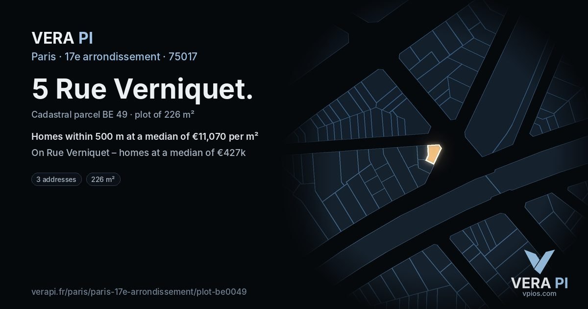 5 Rue Verniquet, 17e arrondissement at night – the plot lit, the parcels around coloured by the prices near them