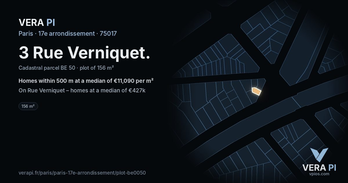 3 Rue Verniquet, 17e arrondissement at night – the plot lit, the parcels around coloured by the prices near them