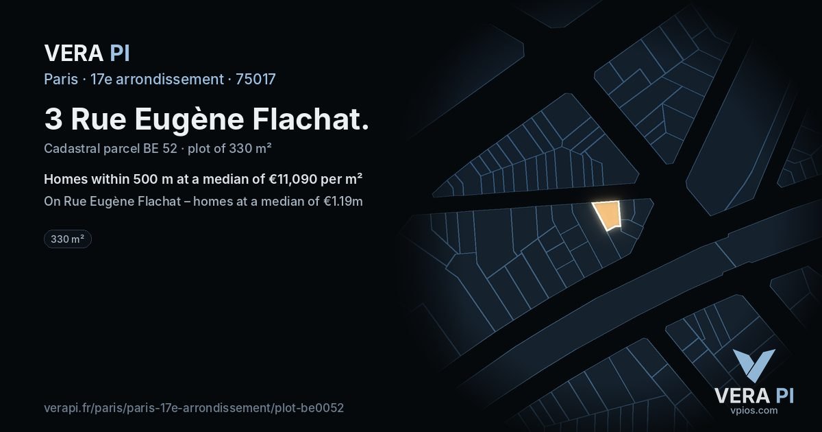 3 Rue Eugène Flachat, 17e arrondissement at night – the plot lit, the parcels around coloured by the prices near them