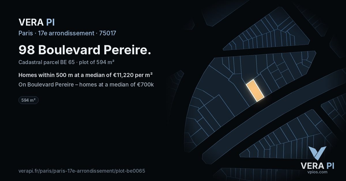 98 Boulevard Pereire, 17e arrondissement at night – the plot lit, the parcels around coloured by the prices near them