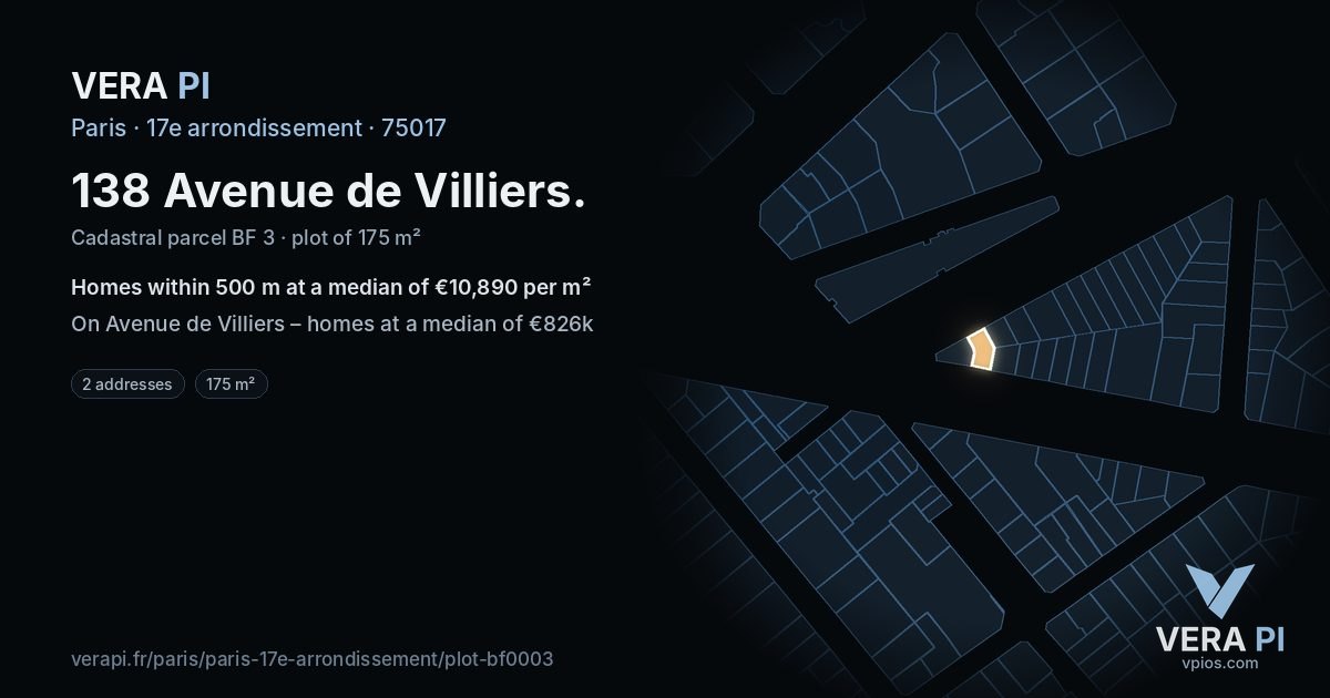138 Avenue de Villiers, 17e arrondissement at night – the plot lit, the parcels around coloured by the prices near them