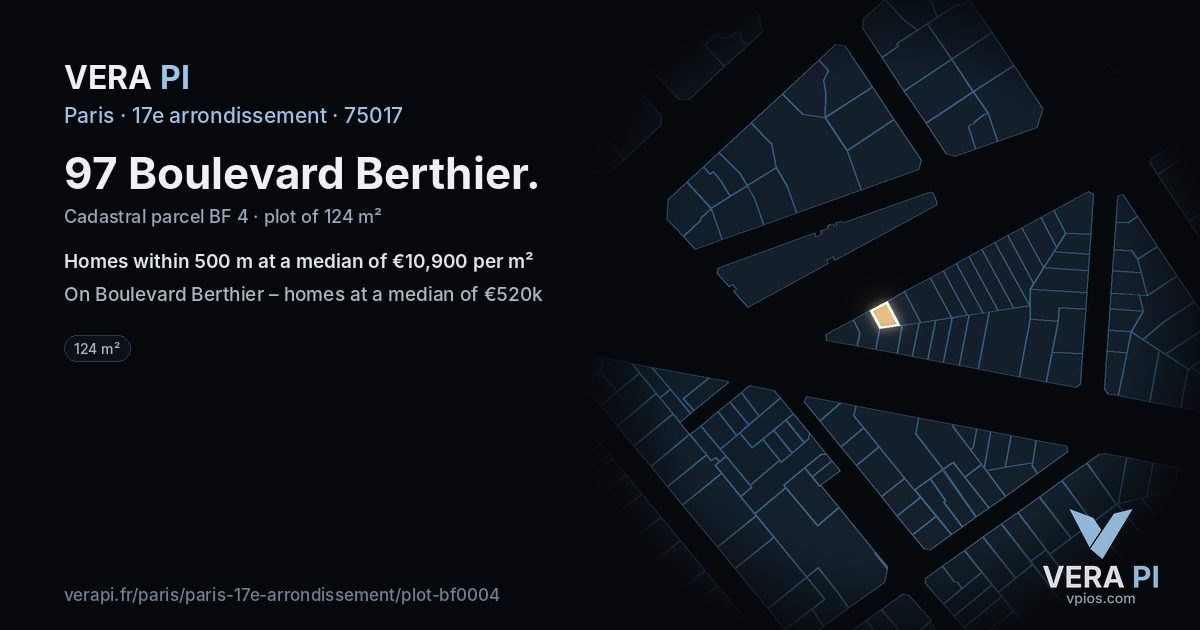 97 Boulevard Berthier, 17e arrondissement at night – the plot lit, the parcels around coloured by the prices near them