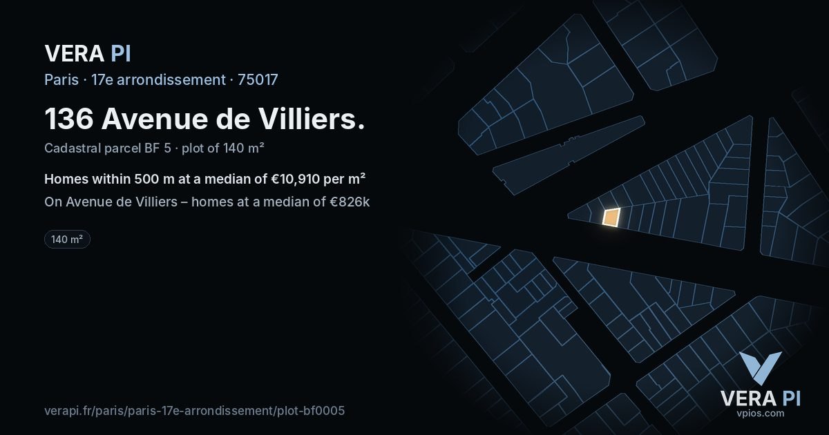 136 Avenue de Villiers, 17e arrondissement at night – the plot lit, the parcels around coloured by the prices near them