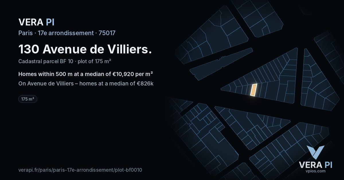 130 Avenue de Villiers, 17e arrondissement at night – the plot lit, the parcels around coloured by the prices near them