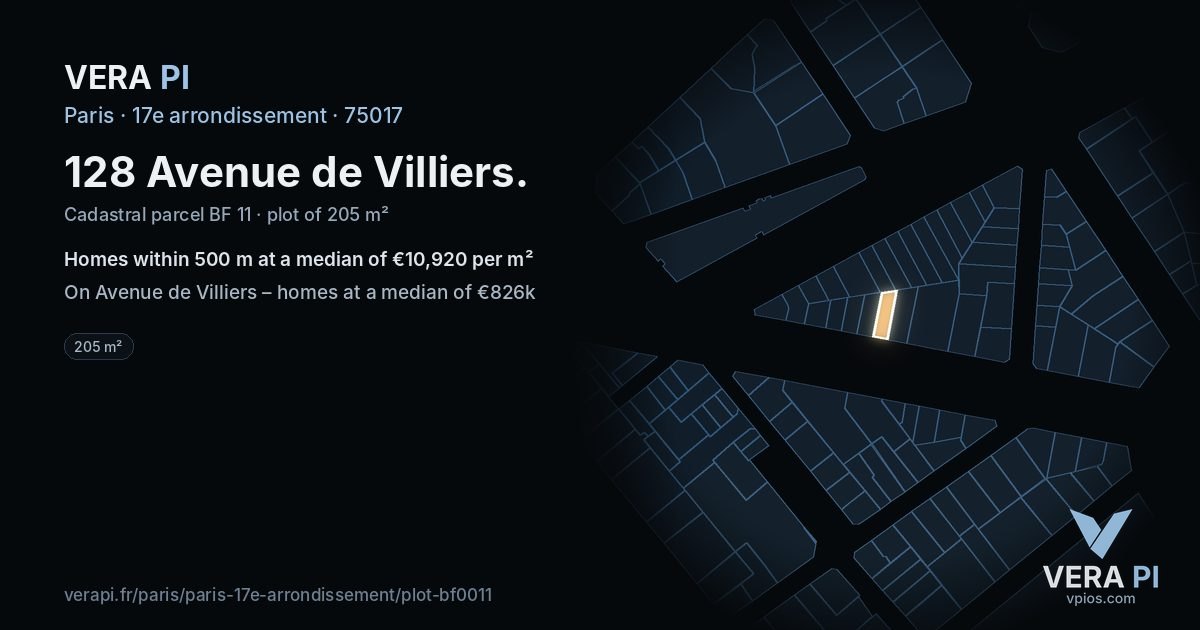 128 Avenue de Villiers, 17e arrondissement at night – the plot lit, the parcels around coloured by the prices near them