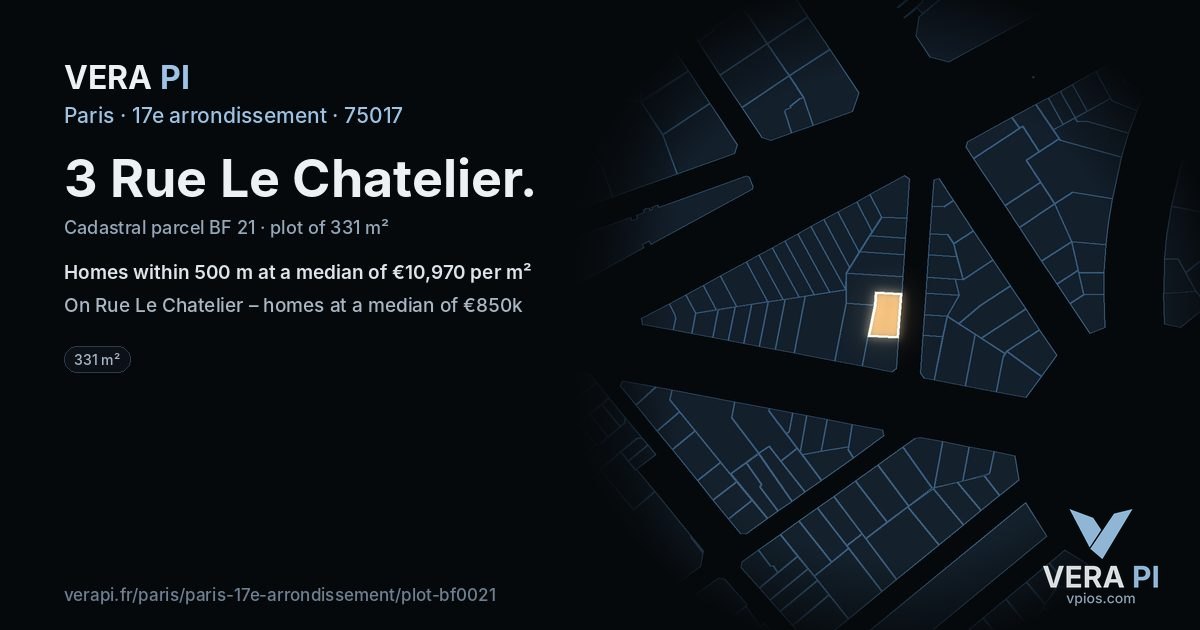 3 Rue Le Chatelier, 17e arrondissement at night – the plot lit, the parcels around coloured by the prices near them